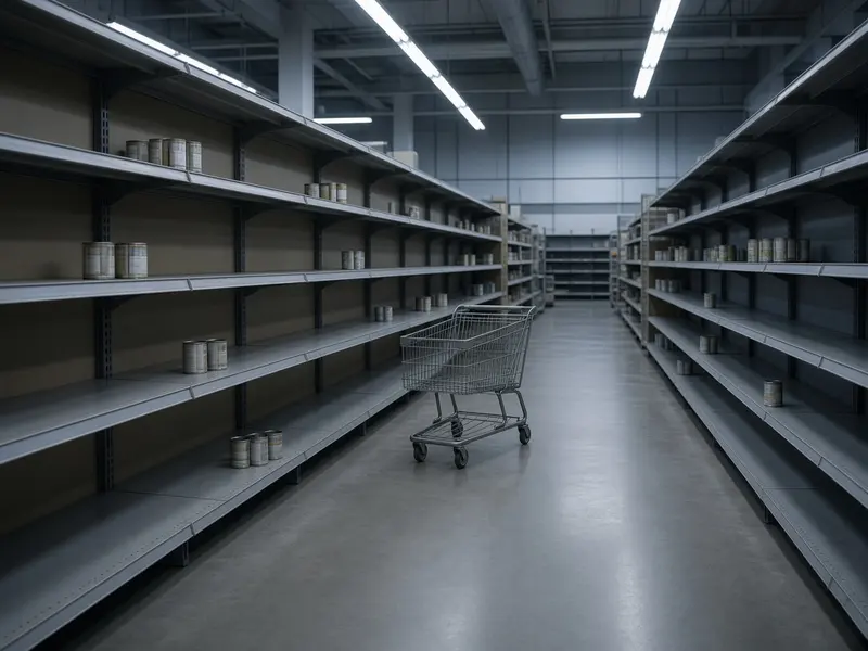 A grocery aisle with nearly empty shelves and a lone shopping cart