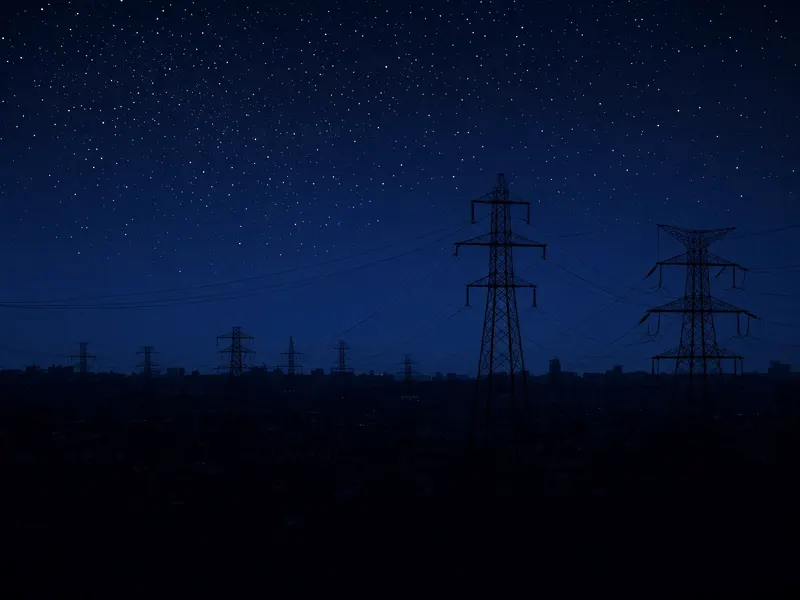 Power transmission towers silhouetted over a city during a blackout