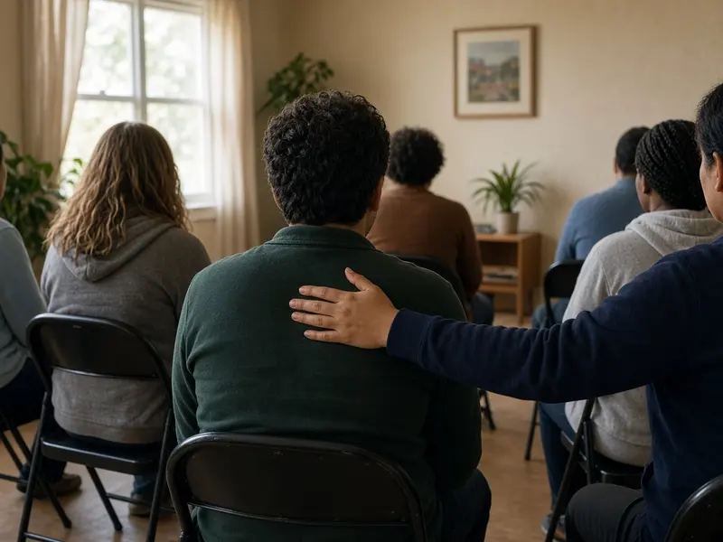 A support group in a warm community room, one person comforting another