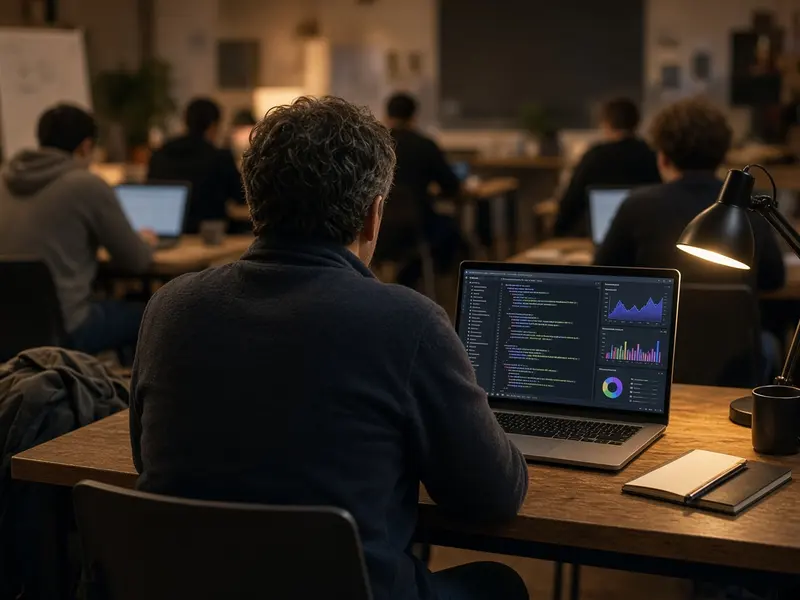 A learner at a laptop in an evening training class